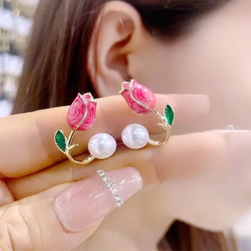 Tulip Pearl Earrings with Timeless French Elegance and Korean Sparkle