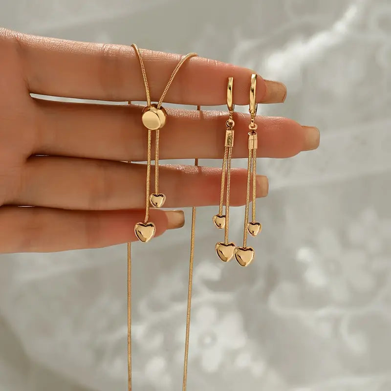 Adjustable Heart Pendant Necklace and Earrings Set with Snake Chain
